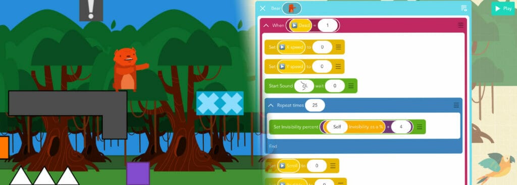 Screenshot von einem Game, welches von Kindern auf dem iPad programmiert wurde. Links läuft ein Bär durch eine grüne Spielwelt, rechts davon ein Screenshot des Drag and Drop Editors mit einigen Code-Blöcken.