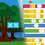 Screenshot von einem Game, welches von Kindern auf dem iPad programmiert wurde. Links läuft ein Bär durch eine grüne Spielwelt, rechts davon ein Screenshot des Drag and Drop Editors mit einigen Code-Blöcken.