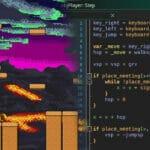 Screenshot von einem Computer Fantasy Game. Links ein Drache, der durch eine magische Welt fliegt, rechts davon der Screenshot eines Teils des Codes.