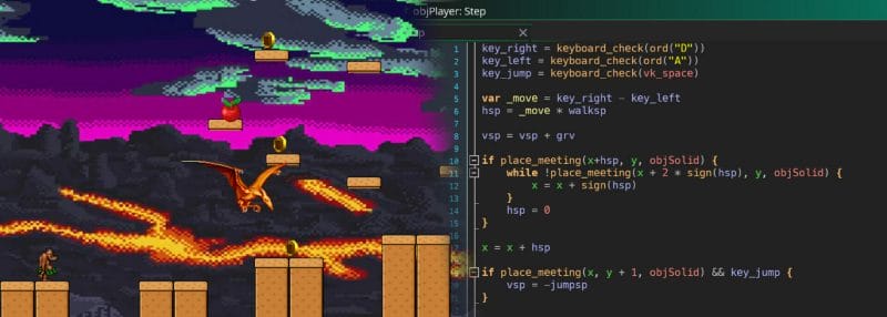 Screenshot von einem Computer Fantasy Game. Links ein Drache, der durch eine magische Welt fliegt, rechts davon der Screenshot eines Teils des Codes.