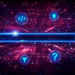 Digitale Illustration eines Eingabefeldes mit verschiedenen Programmiersymbolen und Datenpunkten auf einem roten Hintergrund.