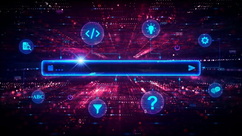 Digitale Illustration eines Eingabefeldes mit verschiedenen Programmiersymbolen und Datenpunkten auf einem roten Hintergrund.