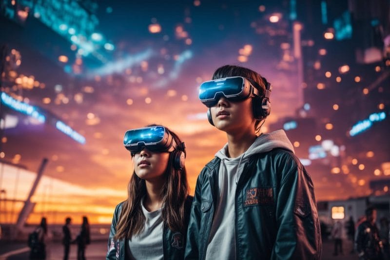 Foto Ganzkörper-Weitwinkelaufnahme gezoomt Foto von einem Teenager-Mädchen und ein Teenager-Junge in einem in virtuellen magischen Fantasy-Cyber-Welt mit Sonnenuntergang. VR Brillen auf ihren Köpfen.