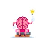 Illustration eines menschlichen Gehirns mit Armen und Beinen, das auf einem Stapel Bücher sitzt und eine Glühbirne über dem Kopf hat, was eine Idee symbolisiert