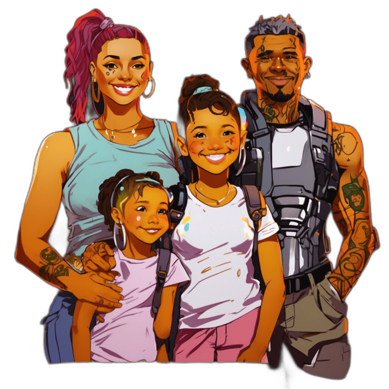 Illustration einer zukunftsorientierten Familie, angelehnt an den Cyberpunk-Stil