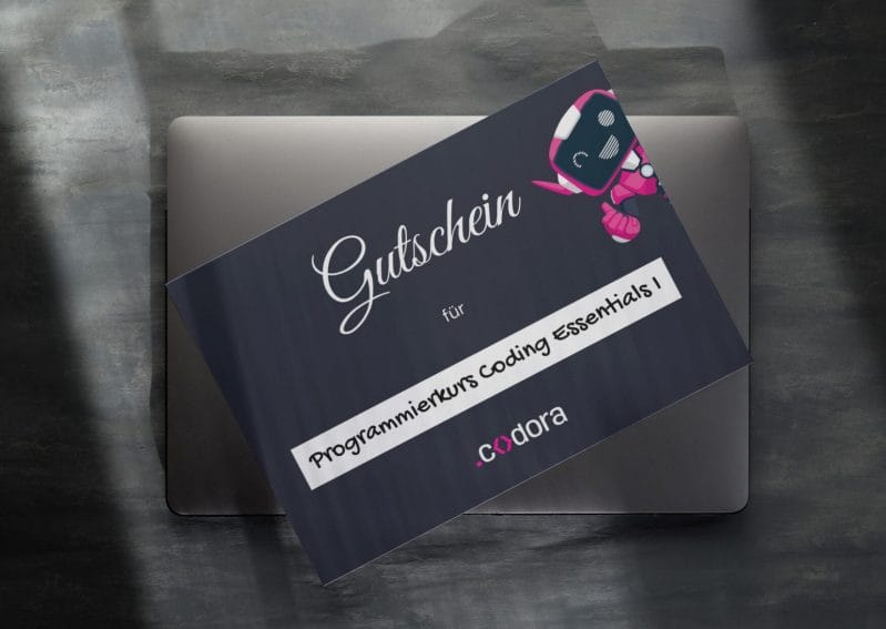 Geschenkgutschein von codora, vorausgefüllt mit dem Programmierkurs Coding Essentials I