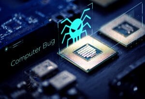 Nahaufnahme einer Computerplatine mit einem zentralen Mikrochip und holographischer Darstellung eines stilisierten Insekts über dem Chip, begleitet von den Worten "Computer Bug" in blauer Schrift.