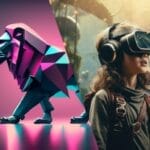 Kompositionsbild eines Mädchens mit VR-Brille und Kopfhörern, das staunend auf eine abstrakte, polygonale Löwenskulptur blickt, symbolisch für Virtual Reality Erfahrung.