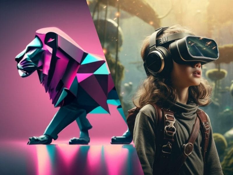 Kompositionsbild eines Mädchens mit VR-Brille und Kopfhörern, das staunend auf eine abstrakte, polygonale Löwenskulptur blickt, symbolisch für Virtual Reality Erfahrung.