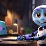 Animierter Roboter mit menschenähnlichen Zügen sitzt an einem Schreibtisch und bedient einen Laptop, lächelnd in einem gemütlich beleuchteten Raum.