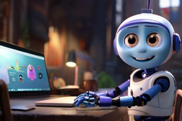 Animierter Roboter mit menschenähnlichen Zügen sitzt an einem Schreibtisch und bedient einen Laptop, lächelnd in einem gemütlich beleuchteten Raum.