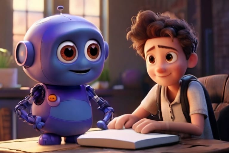 Animiertes Bild eines jungen Jungen und eines Roboters, die zusammen ein Buch lesen, mit einem warm beleuchteten Zimmer im Hintergrund.