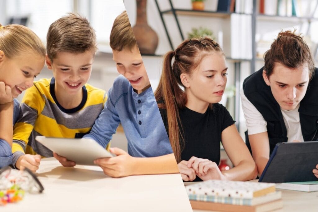 Eine Gruppe von Kindern und Jugendlichen beschäftigt sich während der Programmierkurse an einem Tisch mit digitalen Tablets und Büchern.