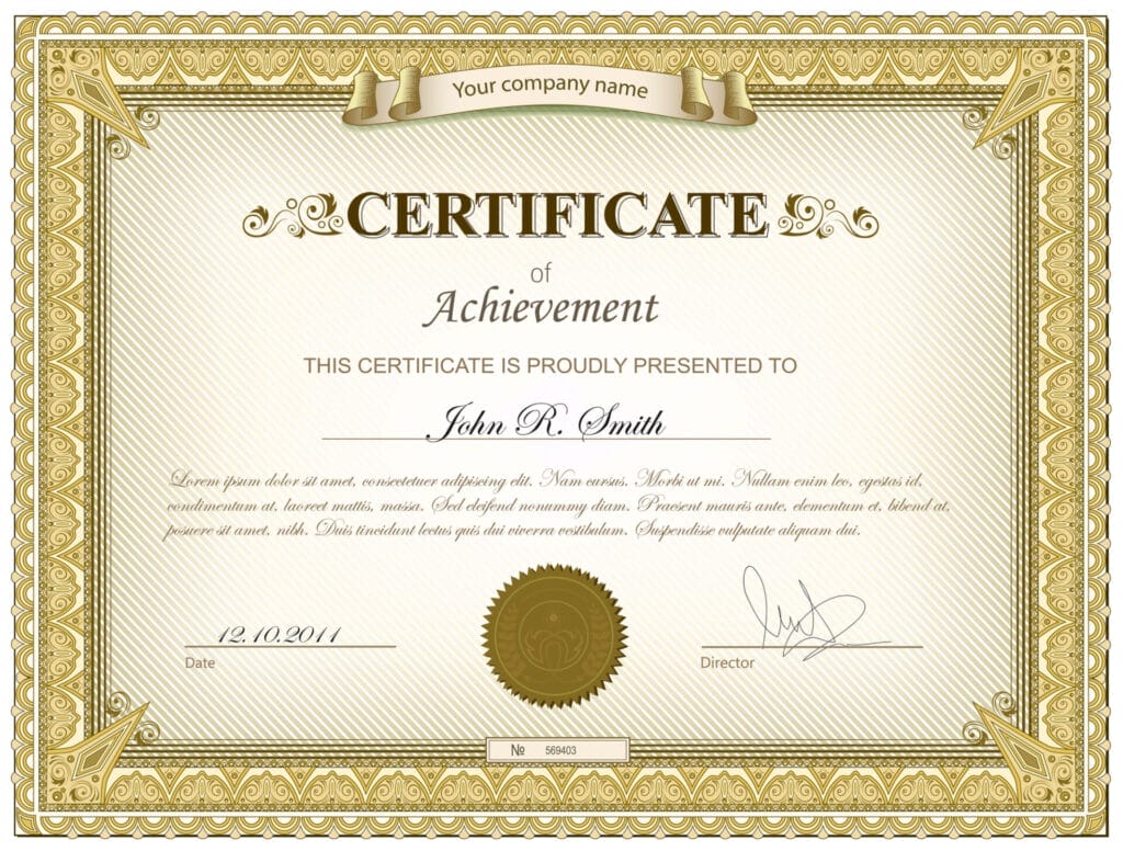 Eine Zertifikatsvorlage mit goldenen Rändern, zeigt Anerkennung für die tolle Leistung, die im Programmierkurs erbracht wurde.