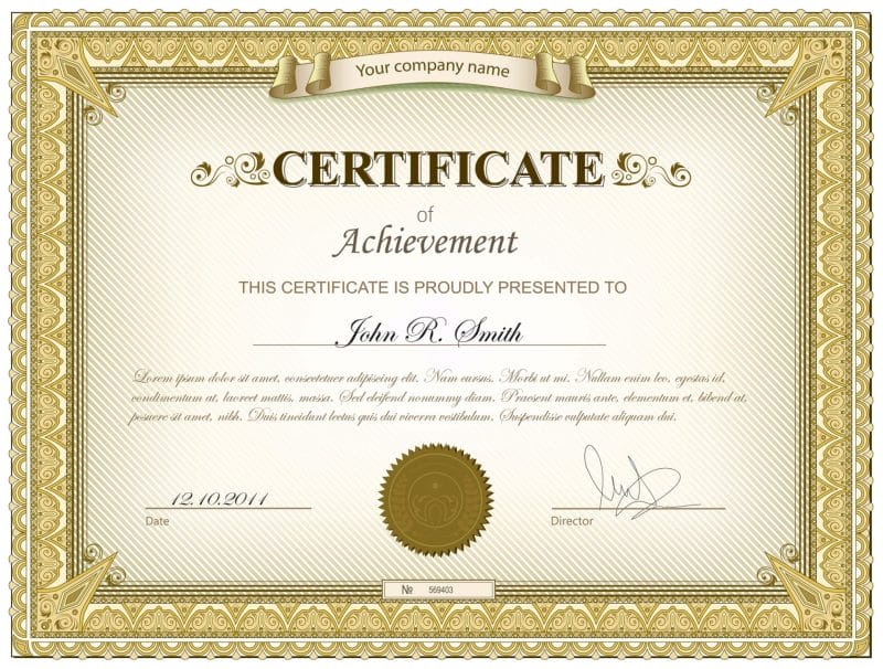 Eine Zertifikatsvorlage mit goldenen Rändern, zeigt Anerkennung für die tolle Leistung, die im Programmierkurs erbracht wurde.