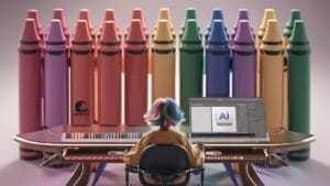 Prompt Engineering mit der KREIDE-Methode: Eine Person mit bunten Haaren sitzt an einem Schreibtisch mit einem Computer und entwirft ein Bild mit der Aufschrift „KI“ auf dem Bildschirm. Im Hintergrund stehen grosse Kreideskulpturen in verschiedenen Farben.