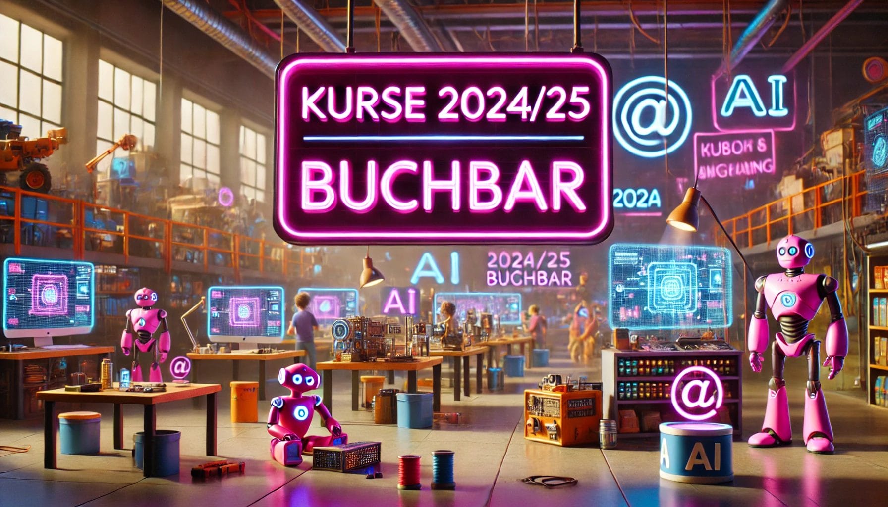 Ein futuristischer Klassenraum mit Robotern und Neonschildern. Auf den Schildern steht „Kurse 2024/25 Buchbar“ mit verschiedenen technologiebezogenen Symbolen und Bildschirmen, auf denen Informationen angezeigt werden.