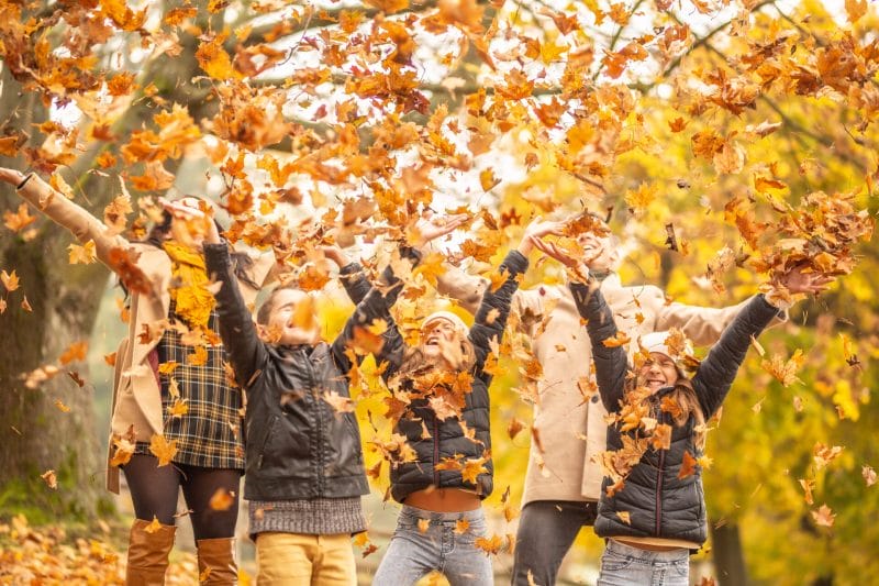 Eine Gruppe von Menschen wirft fröhlich Herbstblätter in die Luft, umgeben von Bäumen mit buntem Herbstlaub.