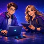 Zwei Teenager in Kapuzenpullovern arbeiten gemeinsam an einem Tisch mit Laptop und Tablet, umgeben von Büchern und digitalen Geräten, vor einem futuristischen, technikbezogenen Hintergrund.