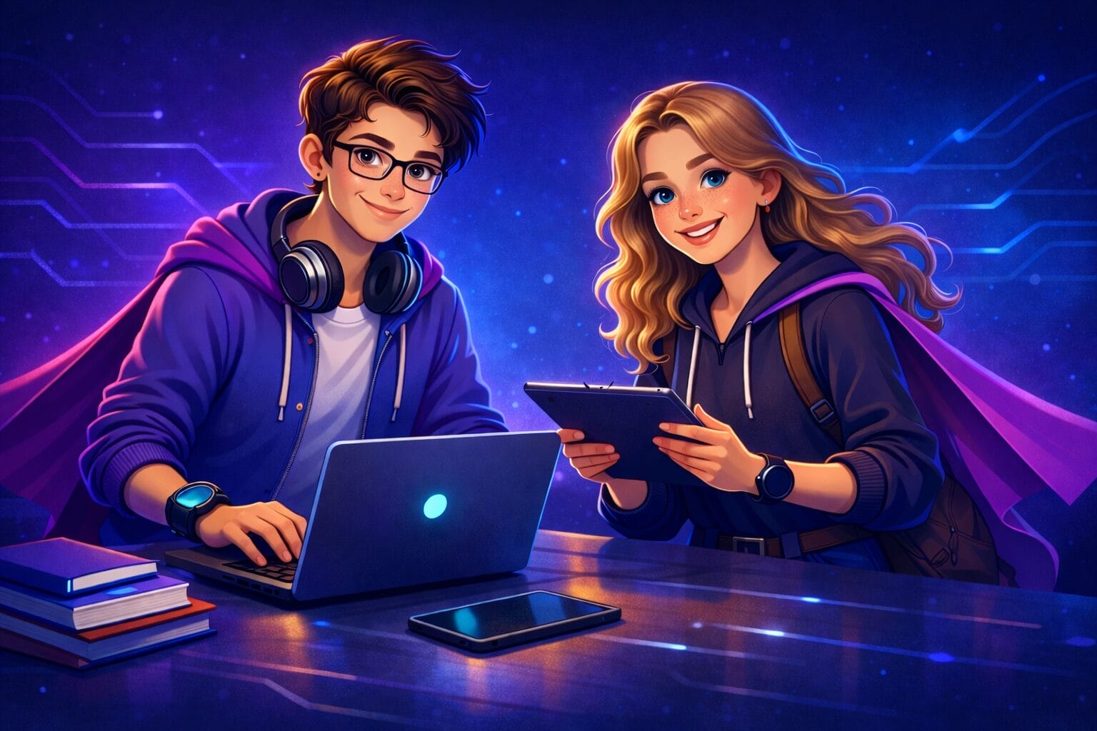Zwei Teenager in Kapuzenpullovern arbeiten gemeinsam an einem Tisch mit Laptop und Tablet, umgeben von Büchern und digitalen Geräten, vor einem futuristischen, technikbezogenen Hintergrund.
