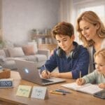 Eine Frau und zwei Kinder sitzen an einem Tisch und arbeiten an Laptops und Notizbüchern, auf denen Klebezettel mit der Aufschrift "Mythos" und "Fakt" angebracht sind, während ein digitaler Timer 00:20 anzeigt.