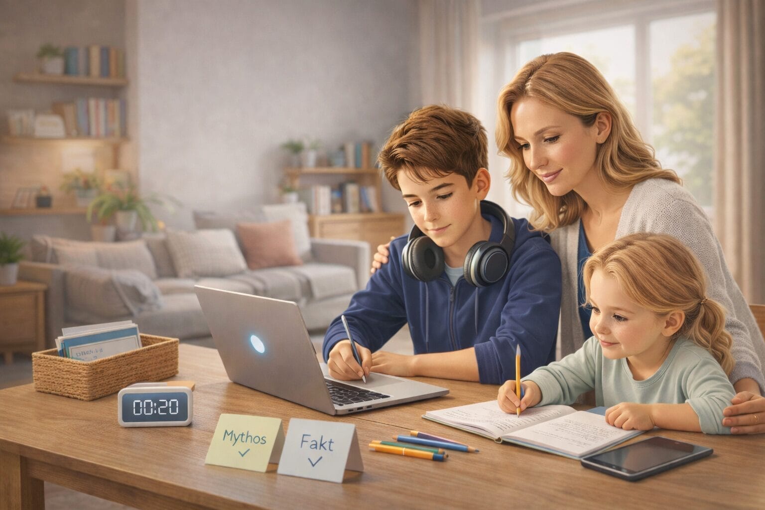Eine Frau und zwei Kinder sitzen an einem Tisch und arbeiten an Laptops und Notizbüchern, auf denen Klebezettel mit der Aufschrift "Mythos" und "Fakt" angebracht sind, während ein digitaler Timer 00:20 anzeigt.