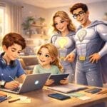 Ein Junge arbeitet an einem Laptop, während ein Mädchen an einem Schreibtisch ein Tablet benutzt. Zwei Erwachsene, die als Superhelden mit Glühbirnen-Emblemen gekleidet sind, stehen hinter ihnen und lächeln in einem hellen, gemütlichen Raum.