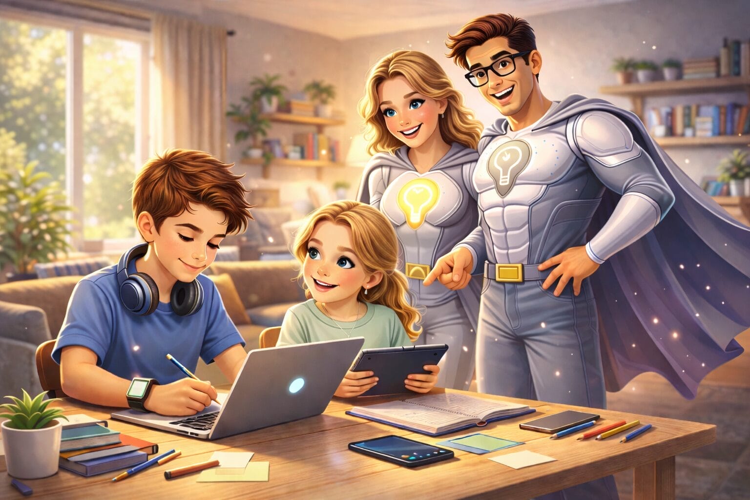 Ein Junge arbeitet an einem Laptop, während ein Mädchen an einem Schreibtisch ein Tablet benutzt. Zwei Erwachsene, die als Superhelden mit Glühbirnen-Emblemen gekleidet sind, stehen hinter ihnen und lächeln in einem hellen, gemütlichen Raum.