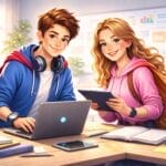 Zwei lächelnde Teenager in bunten Kapuzenpullis und Umhängen arbeiten gemeinsam an einem Schreibtisch mit Laptop, Tablet und Büchern in einem hellen, modernen Klassenzimmer mit Schautafeln an der Wand.