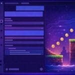 Ein geteilter Bildschirm zeigt auf der linken Seite eine Chat-Anwendung und auf der rechten Seite eine Videospielszene im 8-Bit-Stil mit Münzen und Plattformen.