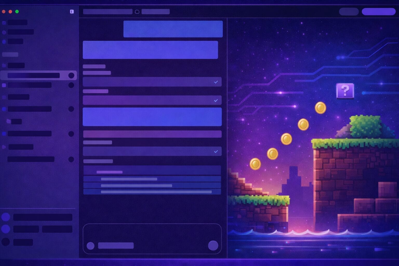 Ein geteilter Bildschirm zeigt auf der linken Seite eine Chat-Anwendung und auf der rechten Seite eine Videospielszene im 8-Bit-Stil mit Münzen und Plattformen.