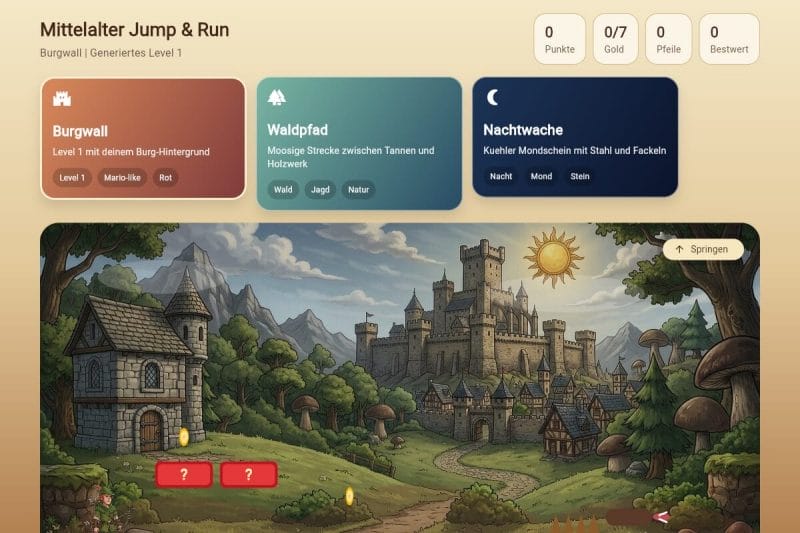 Screenshot des Menüs eines mittelalterlichen Videospiels mit drei Levelkarten und einem Hintergrundbild mit einer Burglandschaft, Bäumen und Pilzen. Die Spielstatistiken erscheinen oben rechts.