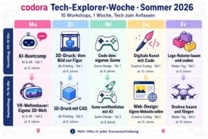 codora Tech-Explorer-Woche 2026 — Wochenübersicht: 10 Workshops in einer Sommerferienwoche