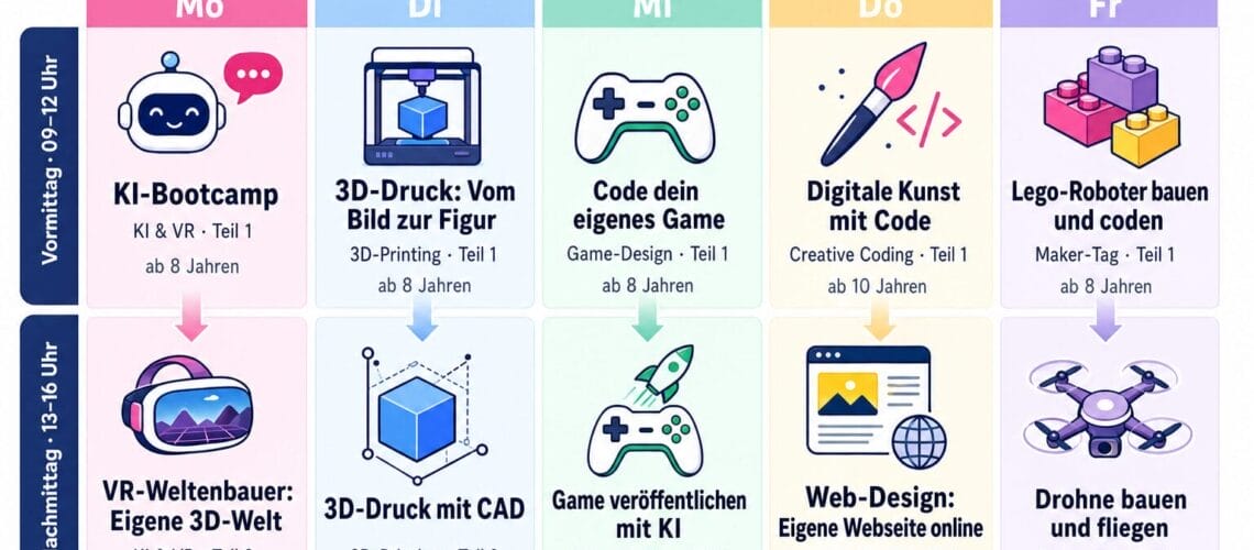 codora Tech-Explorer-Woche 2026 — Wochenübersicht: 10 Workshops in einer Sommerferienwoche