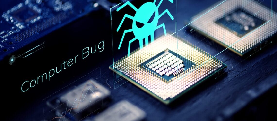 Nahaufnahme einer Computerplatine mit einem zentralen Mikrochip und holographischer Darstellung eines stilisierten Insekts über dem Chip, begleitet von den Worten "Computer Bug" in blauer Schrift.