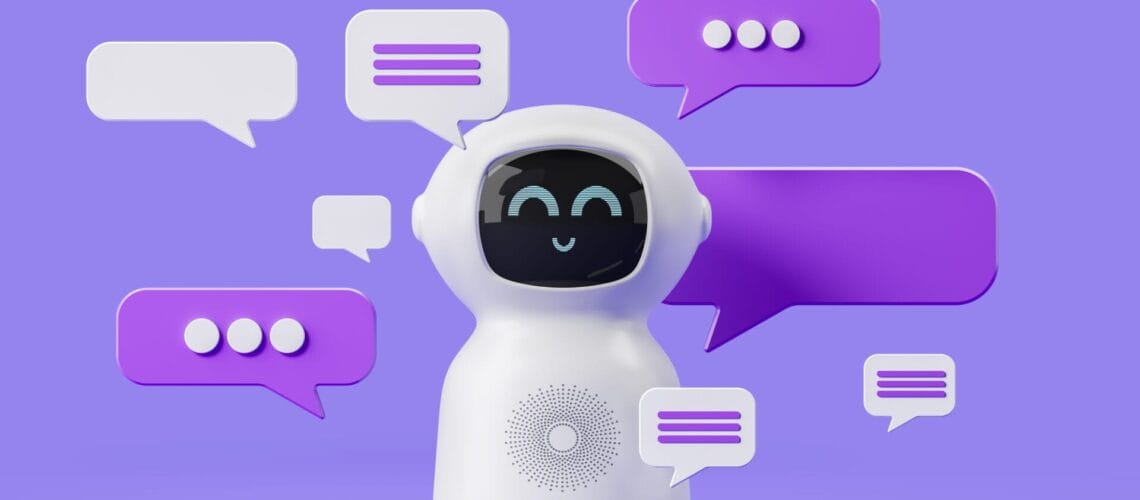 Ein weisser Chatbot, gesteuert von einer Systemnachricht, mit Sprechblasen auf violettem Hintergrund kommuniziert über ChatGPT.