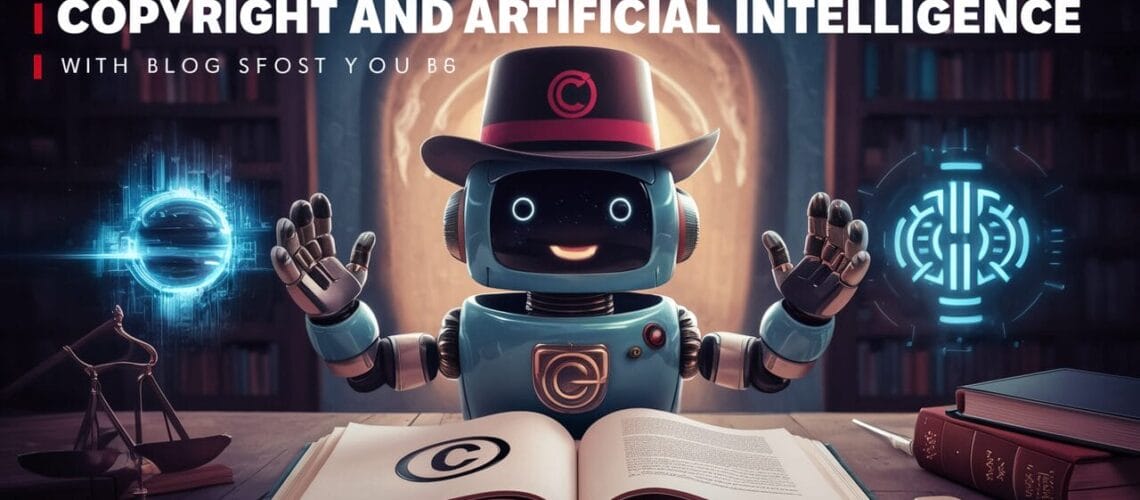 Ein Roboter mit einem Copyright-Symbol auf Brust und Hut steht vor einem offenen Buch, umgeben von leuchtenden Hologrammen. Text: „Blogbeitrag – Copyright und künstliche Intelligenz – Mit Blog SFOST YOU B6“.