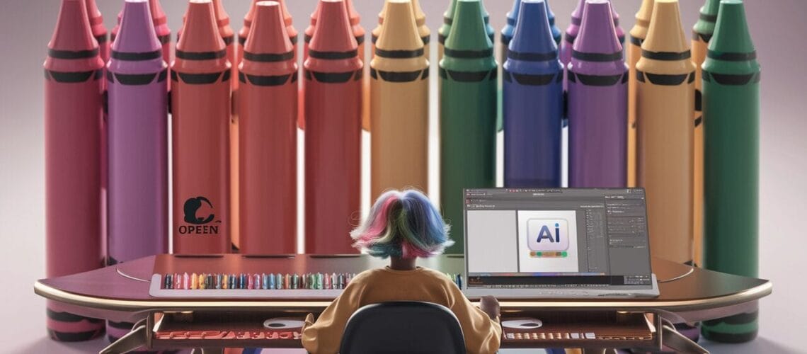 Prompt Engineering mit der KREIDE-Methode: Eine Person mit bunten Haaren sitzt an einem Schreibtisch mit einem Computer und entwirft ein Bild mit der Aufschrift „KI“ auf dem Bildschirm. Im Hintergrund stehen grosse Kreideskulpturen in verschiedenen Farben.