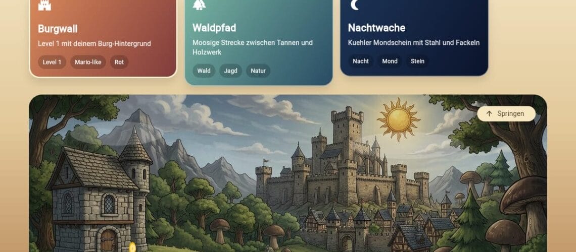 Screenshot des Menüs eines mittelalterlichen Videospiels mit drei Levelkarten und einem Hintergrundbild mit einer Burglandschaft, Bäumen und Pilzen. Die Spielstatistiken erscheinen oben rechts.