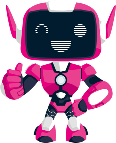Ein freundlicher, pinker Roboter, der den Daumen hoch zeigt.